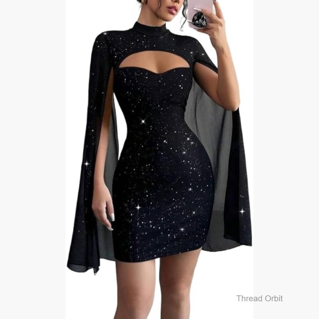 Sequin Cloak Sleeve Dress Mock Neck Cocktail Formal Prom Party